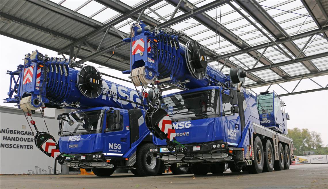 MSG Krandienstâ€™s new GMK5150L and GMK4100L-1 all terrain cranes before the handover at the Manitowoc Grove factory in Wilhelmshaven, Germany