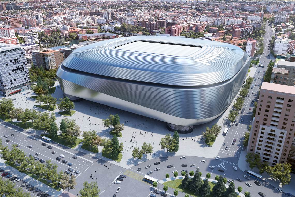 The latest regeneration of the BernabÃ©u stadium in Madrid, Spain, will see it transformed with an hydraulic adjustable roof, lowering hybrid turf and facilities for shopping, business and leisure