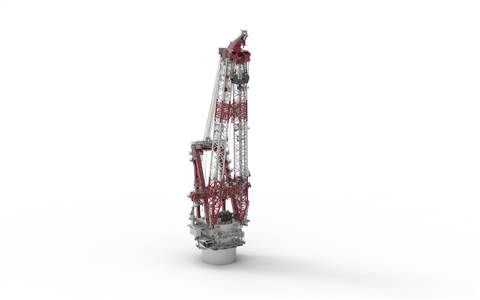 Artist's impression of the new Liebherr HLC 150000-3000 offshore heavy lift crane with red and white twin lattice booms for mounting on OHT's Alfa lift heavy lift vessel