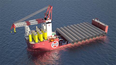 How the Liebherr HLC 150000-3000 will look on the Alfa Lift - computer rendering of the white blue a red heavy lift vessel loaded with turbine tower sections transversely and the big Liebherr crane on the stern