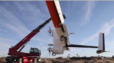 The Magni RTH 6.35 rotating telescopic handler suspends the Makani energy kite