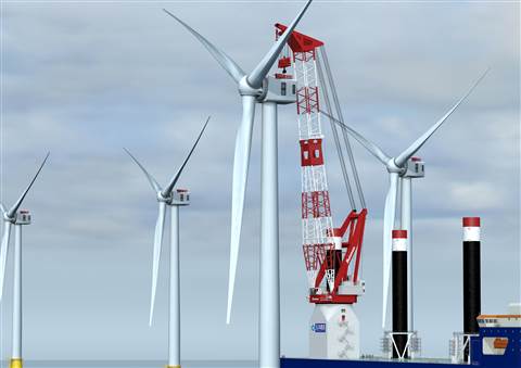 Artist's impression of new Huisman 1,600 tonne leg encircling crane on an offshore vessel